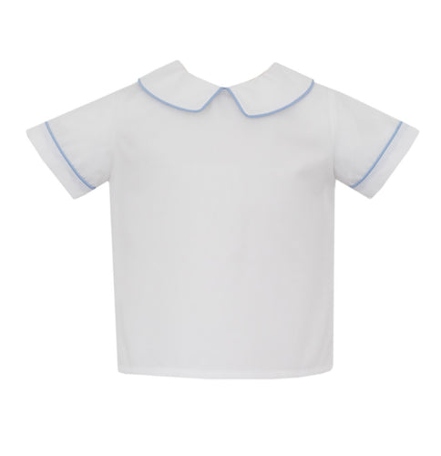 Experience timeless style with our Boy's Peter Pan Collar Blue Piping Shirt by Petit Bebe. This white knit shirt features a classic Peter Pan collar trimmed with elegant blue piping, adding a touch of sophistication to any outfit. Perfect for any occasion, this shirt will keep your little one looking stylish and polished!
