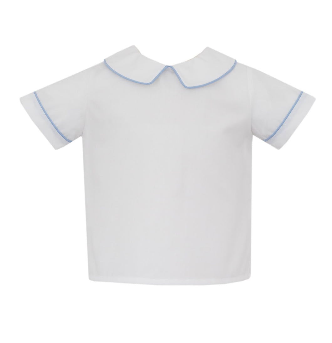 Experience timeless style with our Boy's Peter Pan Collar Blue Piping Shirt by Petit Bebe. This white knit shirt features a classic Peter Pan collar trimmed with elegant blue piping, adding a touch of sophistication to any outfit. Perfect for any occasion, this shirt will keep your little one looking stylish and polished!