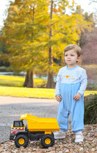 Load image into Gallery viewer, Dress your little builder in the Construction Trucks Romper by Trotter Street Kids! Soft, cozy fabric with charming truck appliqués and autumn-ready long sleeves and pants make it the perfect outfit to keep your baby boy comfortable and adorable all season long.
