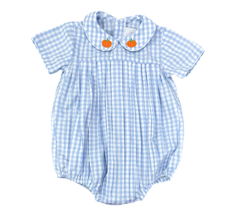 Dress your little one in timeless charm with the Finn Pumpkin Collared Blue Gingham Bubble. This adorable blue and white gingham bubble features a peter pan collar with embroidered pumpkin detail, perfect for celebrating fall in style. Crafted for comfort and cuteness, it’s an ideal choice for autumn gatherings and memorable photos.