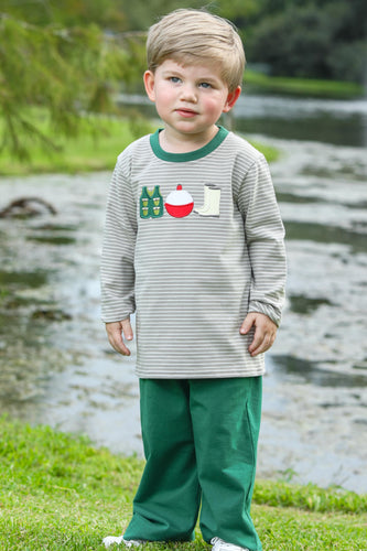 This Boys Fishing Trio Pant Set from Trotter Street Kids brings playful charm to your little one’s wardrobe. Crafted with soft fabric, it features a striped design adorned with adorable fishing-themed embroidered appliques on the front. Perfect for everyday wear, this set combines comfort with a fun, outdoor-inspired look he will love.