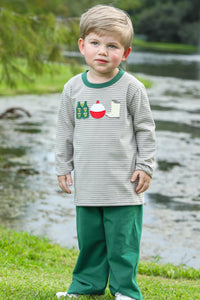 This Boys Fishing Trio Pant Set from Trotter Street Kids brings playful charm to your little one’s wardrobe. Crafted with soft fabric, it features a striped design adorned with adorable fishing-themed embroidered appliques on the front. Perfect for everyday wear, this set combines comfort with a fun, outdoor-inspired look he will love.