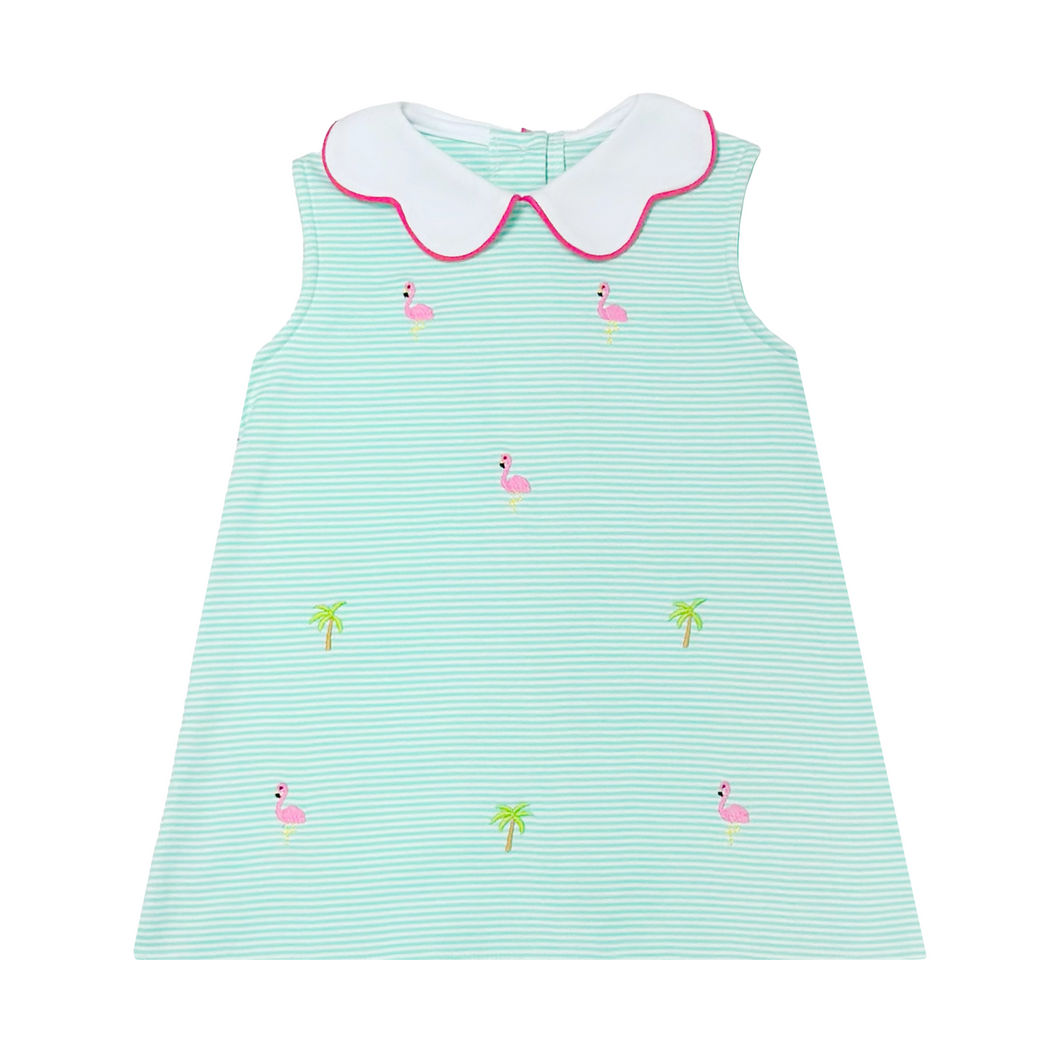 Indulge in the cuteness of summer with our Toddler Girls Flamingo Knit Stripe Dress! Made with soft knit striped fabric, it features an embroidered flamingo and palm trees, and a hot pink piped scalloped collar. Perfect for any sunny day or vacation, this dress will keep your little one stylish and comfy.