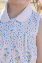 Load image into Gallery viewer, The Proper Peony&#39;s Forget Me Not Dress is a must-have for any toddler girl! Made with 100% pima cotton, this dress features a charming Forget Me Not flower print, classic peter pan collar, and front buttons. Perfect for keeping your little one cool and stylish during the warmer months!

Sibling match in a Bloomer Set and Bubble!
