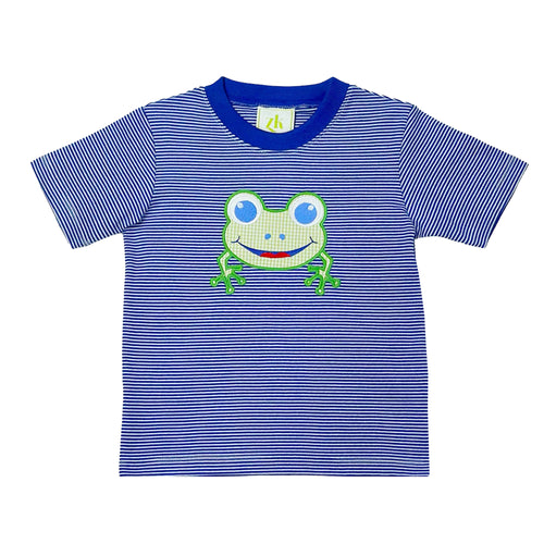 Experience the joy of playtime with Frog Harry's Play Tee from Zuccini Kids. This blue and white striped knit short sleeve tee pairs perfectly with the leo shorts for a put-together look. Featuring a charming frog applique, this tee adds a playful touch to any outfit. Get ready for endless adventures!