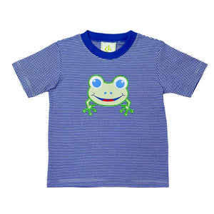 Experience the joy of playtime with Frog Harry's Play Tee from Zuccini Kids. This blue and white striped knit short sleeve tee pairs perfectly with the leo shorts for a put-together look. Featuring a charming frog applique, this tee adds a playful touch to any outfit. Get ready for endless adventures!