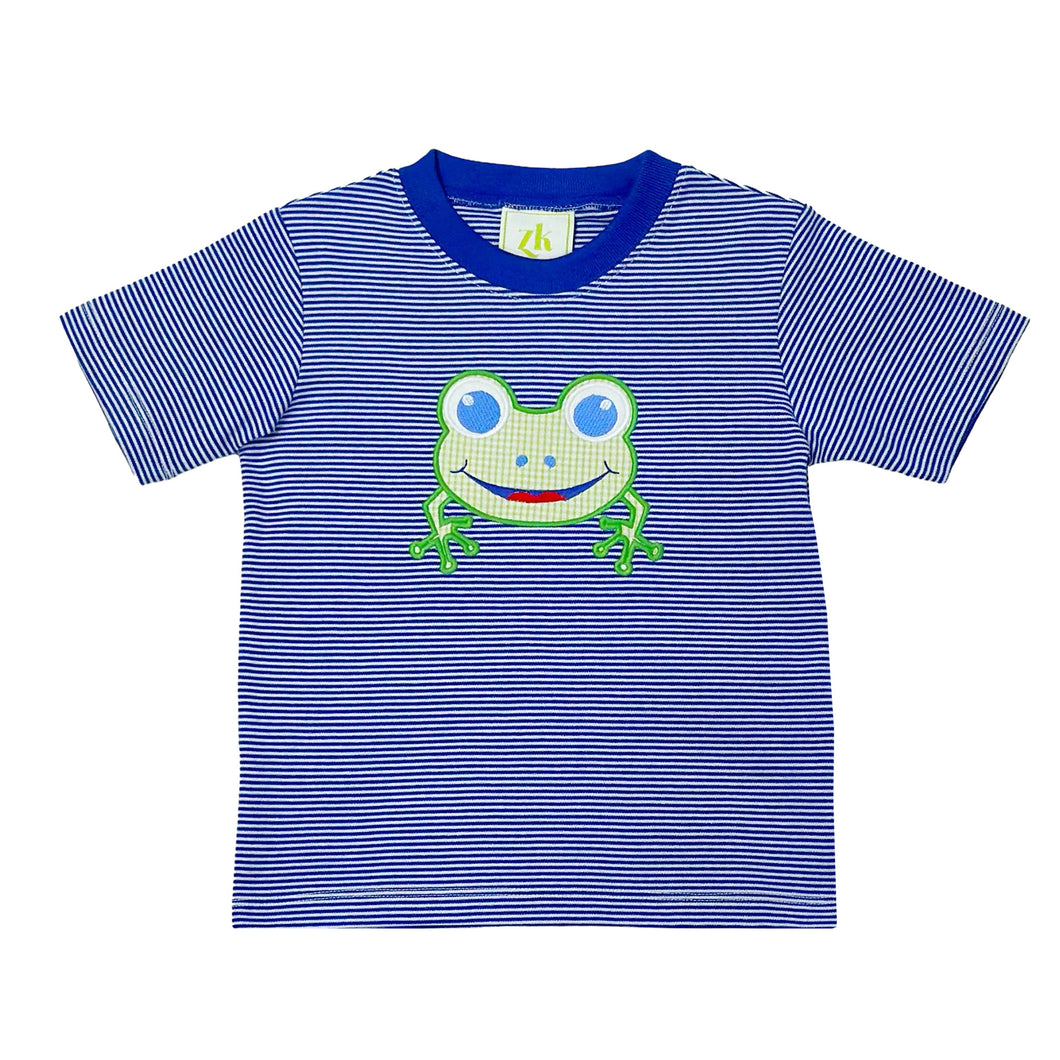 Experience the joy of playtime with Frog Harry's Play Tee from Zuccini Kids. This blue and white striped knit short sleeve tee pairs perfectly with the leo shorts for a put-together look. Featuring a charming frog applique, this tee adds a playful touch to any outfit. Get ready for endless adventures!
