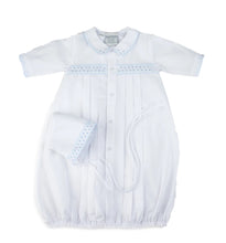 Load image into Gallery viewer, Wrap your little one in timeless elegance with the Boys Dot Embroidered Take Me Home Gown With Bonnet by Feltman Brothers. Available in soft blue or pristine white, this classic heirloom piece is perfect for portraits and making cherished memories as you welcome your baby home!
