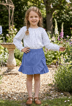 Load image into Gallery viewer, The Blue Blossom Elaine Blouse by Zuccini Kids brings joyful elegance to every moment. Its delicate blue floral pattern and charming ruffle neck collar add a touch of whimsy and grace, perfect for tween girls who want to shine with confidence and style.
