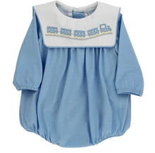 Load image into Gallery viewer, Dress your little one in Bailey Boys’ All Aboard Knit Infant Bubble and watch imaginations take flight! Soft, light blue knit wraps your baby in cozy comfort, while charming train embroidery sparks adventure from the very first wear. Ready for cuddles and journeys alike!
