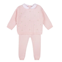 Load image into Gallery viewer, This timeless Feltman Brother’s Peter Pan Cable Knit Set is perfect for your little princess! In their signature pink color with dainty rosebud embroidery across the cable knit design and a timeless classic white Peter Pan collar! 
