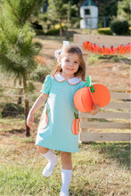 Load image into Gallery viewer, The Pumpkin Kendall Collar Dress by Zuccini Kids brings joyful charm to your toddler’s wardrobe with its soft green stripes, playful pumpkin appliqués, and a sweet Peter Pan collar. Vibrant orange accents add a festive touch that celebrates every moment with warmth and style!
