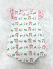 Load image into Gallery viewer, Introduce your little one to playful style with this charming Infant Girls Tractors and Melons Romper from Baby Loren. Featuring a delightful mix of tractor and melon prints and a sweet feminine touch with flutter sleeves. 
