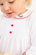Load image into Gallery viewer, The Beaufort Bonnet Company’s Britt Romper in Richmond Red/Holly wraps your little one in festive charm. Soft white fabric, delicate red buttons, and embroidered holly details create an irresistible holiday look that’s cozy, comfortable, and picture-perfect for Christmas celebrations!
