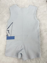 Load image into Gallery viewer, Get your little sailor ready for adventure with the Boy&#39;s Embroidered Boat Jon Jon from Cape Point Clothing Co! Featuring a timeless blue and white stripe pattern adorned with adorable, blue embroidered boats, this classic outfit is perfect for toddler boys and their next sea-faring escapade.

