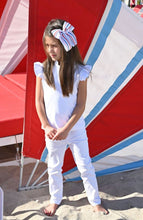 Load image into Gallery viewer, Full of patriotic spirit and cheer-ready style, this linen bow features a bold red, white, and blue ric-rac layer atop a crisp linen underlay. Available in red or white and in Medium or King sizes, it’s a standout look for parades, parties, team events, and every star-spangled celebration of the season. This bow is sure to stay in her hair all day with our patented WeeStay™ no-slip hair clip.
