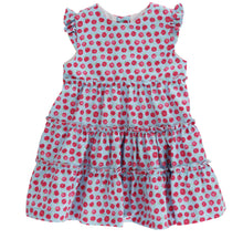 Load image into Gallery viewer, Celebrate her first day in the Apple of My Eye Dress by Bailey Boys—a charming blue dress with playful drop hem ruffles and a sweet pink apple print. It’s the perfect blend of comfort and cuteness to make her feel special and confident from the start!

