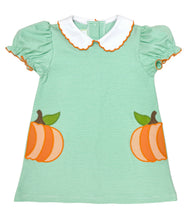 Load image into Gallery viewer, The Pumpkin Kendall Collar Dress by Zuccini Kids brings joyful charm to your toddler’s wardrobe with its soft green stripes, playful pumpkin appliqués, and a sweet Peter Pan collar. Vibrant orange accents add a festive touch that celebrates every moment with warmth and style!

