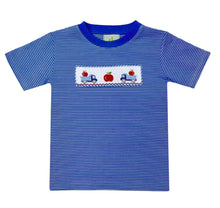 Load image into Gallery viewer, Celebrate every school day with the Apple Harry’s Play Tee by Zuccini Kids! Soft blue and white stripes blend with charming apple and truck smocking, making it the perfect cozy choice for your little boy’s adventures. Ready for first days, playtime, and every moment in between!
