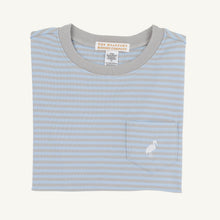 Load image into Gallery viewer, Elevate your child's wardrobe with the Striped Carter Crewneck in Beale Street Blue by The Beaufort Bonnet Company. This charming tee, featuring playful Beale Street Blue and Grantley Gray stripes, is the perfect match for Sheffield Shorts. Adorned with the classic white TBBC stork, it exudes effortless style and comfort for your little one.

