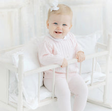 Load image into Gallery viewer, This timeless Feltman Brother’s Peter Pan Cable Knit Set is perfect for your little princess! In their signature pink color with dainty rosebud embroidery across the cable knit design and a timeless classic white Peter Pan collar! 
