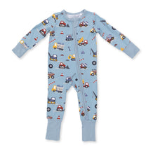 Load image into Gallery viewer, Angel Dear’s Crayon Construction Convertible Romper features a teal blue design with detailed construction truck prints. Designed for newborn boys, its convertible feet ensure adaptable comfort and ease of dressing, making it a practical and thoughtful gift option.
