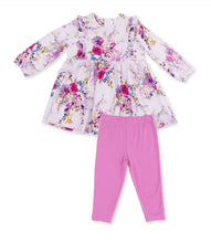 Load image into Gallery viewer, Wrap your little one in buttery-soft comfort with the Angel Dear Dahlia Floral Long Sleeve Ruffle Dress &amp; Legging Set, made entirely from silky-smooth viscose from bamboo. With gentle ruffle details and a twirly silhouette, this set is perfect for cooler days filled with cuddles, play, and picture-perfect moments.
