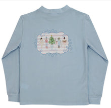 Load image into Gallery viewer, Celebrate the magic of the season with J. Bailey’s Long Sleeve Nutcracker Tee. Soft light blue fabric wraps your child in comfort while the shimmering Nutcracker chinoiserie design adds festive charm—perfect for joyful holiday moments and unforgettable memories.
