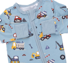 Load image into Gallery viewer, Angel Dear’s Crayon Construction Convertible Romper features a teal blue design with detailed construction truck prints. Designed for newborn boys, its convertible feet ensure adaptable comfort and ease of dressing, making it a practical and thoughtful gift option.
