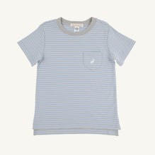 Load image into Gallery viewer, Elevate your child's wardrobe with the Striped Carter Crewneck in Beale Street Blue by The Beaufort Bonnet Company. This charming tee, featuring playful Beale Street Blue and Grantley Gray stripes, is the perfect match for Sheffield Shorts. Adorned with the classic white TBBC stork, it exudes effortless style and comfort for your little one.


