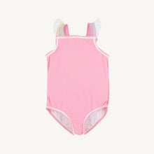 Load image into Gallery viewer, Get ready for a stylish summer with the Long Bay Bathing Suit in Hamptons Hot Pink by The Beaufort Bonnet Company! Featuring charming ruffled straps and vibrant multicolor details, this classic design will make your little girl stand out at the beach or the pool! Embrace the sun and create unforgettable memories with this adorable swimsuit.
