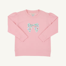 Load image into Gallery viewer, The Fair St Floral Bow Cassidy Comfy Crewneck by The Beaufort Bonnet Company combines cozy warmth with charming style. Its soft pink fabric, puff sleeves, and delicate floral bow create a timeless look perfect for tween girls’ school days and casual outings in cooler weather.

