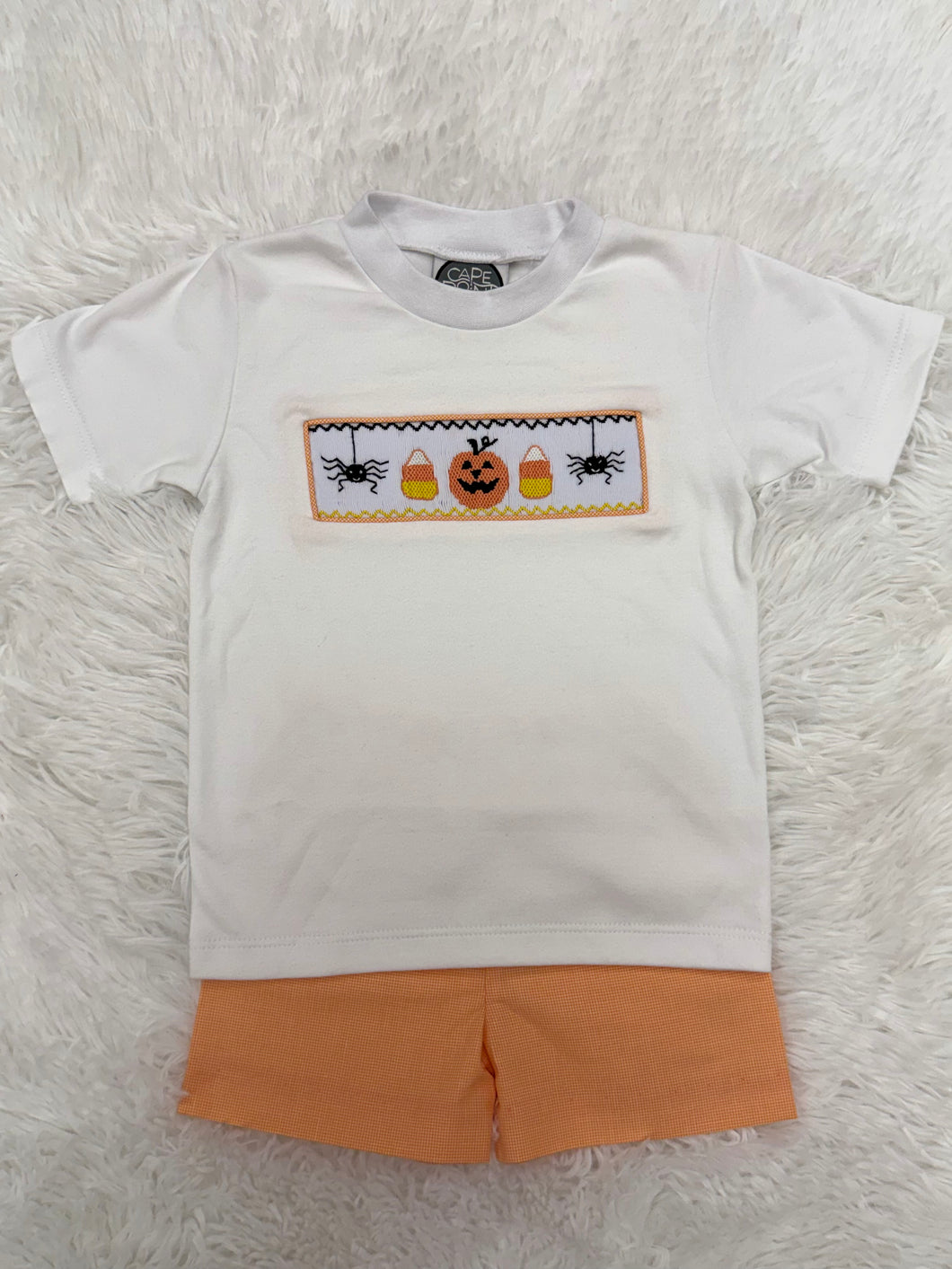 Celebrate fall in style with the Spooky Season Smocked Short Set from Cape Point Clothing. This charming outfit pairs a crisp white tee featuring a playful smocked 