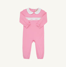 Load image into Gallery viewer, The Rigsby Romper in Hamptons Hot Pink by The Beaufort Bonnet Company brings vibrant charm to your little girl’s wardrobe. Its soft, classic design is enhanced by a delicate white Peter Pan collar with pink trim and sweet bow smocking, making every moment irresistibly adorable and joyful!
