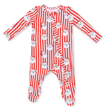 Load image into Gallery viewer, Angel Dear’s Vintage Santa Stripe 2 Way Zipper Footie and Convertible Romper wraps your little one in cozy holiday cheer. Featuring charming vintage Santas and classic red stripes, this gender-neutral footie combines comfort and festive style with a versatile 2-way zipper for easy changes. Celebrate Christmas with warmth and joy!

Pre, NB, 0-3m, 3-6m is a 2 Way Zipper Footie

6-12m, 12-18m is a Convertible Romper

