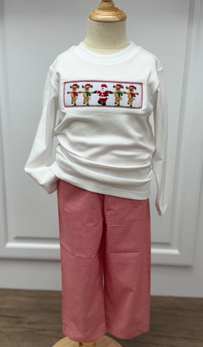 Get your little boy holiday-ready with the Boys Rockin' Reindeer Pant Set. Its red and white gingham fabric pants and coordinating white tee is accented by charming smocked reindeer and Santa embroidery, creating a festive and classic look. Designed for comfort and style, it’s perfect for holiday gatherings and pairs beautifully with matching sibling outfits to create memorable family moments.