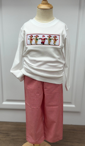 Get your little boy holiday-ready with the Boys Rockin' Reindeer Pant Set. Its red and white gingham fabric pants and coordinating white tee is accented by charming smocked reindeer and Santa embroidery, creating a festive and classic look. Designed for comfort and style, it’s perfect for holiday gatherings and pairs beautifully with matching sibling outfits to create memorable family moments.