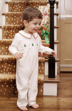 Load image into Gallery viewer, The Samuel Smocked Romper by The Beaufort Bonnet Company wraps your little one in festive charm with hand-smocked Christmas trees and a classic Peter Pan collar edged in red. Crafted from heavyweight white fabric, it’s perfect for unforgettable holiday moments.

