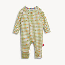 Load image into Gallery viewer, Celebrate cozy fall nights with the Pumpkin Plaid Modal Footie by Magnetic Me. Its soft, breathable fabric and adorable pumpkin print wrap your baby in warmth and comfort, while the convertible design adapts as they grow. Perfect for peaceful naps and dreamy autumn evenings!
