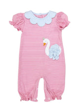 Load image into Gallery viewer, Dress your little one in pure charm with the Swan Petal Collar Bubble by Zuccini Kids! Soft pink and white stripes blend perfectly with a delicate blue collar and a sweet swan applique, creating an outfit that’s as adorable as her smile. Ready for endless hugs and twirls!

