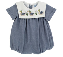 Load image into Gallery viewer, Wrap your little one in cozy charm with the Marshside Mallards Knit Infant Bubble by Bailey Boys. Soft navy stripes and delicate Mallard embroidery create an adorable look that’s perfect for everyday comfort and sweet adventures! Ready to inspire smiles wherever you go!
