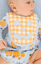 Load image into Gallery viewer, The Beaufort Bonnet Company’s Burp Me Bib in Seashore Sherbet Gingham &amp; Beale Street Blue is the sweetest fall baby essential, with a Jack-O-Lantern face on the front, picot and trim along the outer edge, and a snap closure. Pretty and practical meet in the most festive way!
