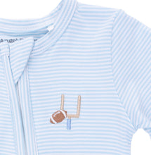Load image into Gallery viewer, Angel Dear’s Blue Micro Stripe Football Footie combines cozy comfort with playful style. The soft fabric and easy 2-way zipper make diaper changes effortless, while the charming mini football appliqué brings spirited fun to your little fall fan’s wardrobe!
