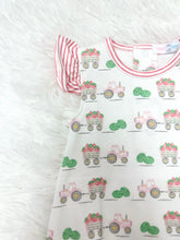 Load image into Gallery viewer, Introduce your little one to playful style with this charming Infant Girls Tractors and Melons Romper from Baby Loren. Featuring a delightful mix of tractor and melon prints and a sweet feminine touch with flutter sleeves. 
