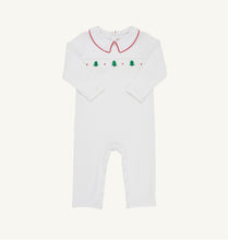 Load image into Gallery viewer, The Samuel Smocked Romper by The Beaufort Bonnet Company wraps your little one in festive charm with hand-smocked Christmas trees and a classic Peter Pan collar edged in red. Crafted from heavyweight white fabric, it’s perfect for unforgettable holiday moments.
