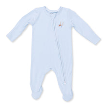 Load image into Gallery viewer, Angel Dear’s Blue Micro Stripe Football Footie combines cozy comfort with playful style. The soft fabric and easy 2-way zipper make diaper changes effortless, while the charming mini football appliqué brings spirited fun to your little fall fan’s wardrobe!
