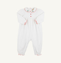 Load image into Gallery viewer, The Beaufort Bonnet Company’s Britt Romper in Richmond Red/Holly wraps your little one in festive charm. Soft white fabric, delicate red buttons, and embroidered holly details create an irresistible holiday look that’s cozy, comfortable, and picture-perfect for Christmas celebrations!
