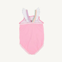 Load image into Gallery viewer, Get ready for a stylish summer with the Long Bay Bathing Suit in Hamptons Hot Pink by The Beaufort Bonnet Company! Featuring charming ruffled straps and vibrant multicolor details, this classic design will make your little girl stand out at the beach or the pool! Embrace the sun and create unforgettable memories with this adorable swimsuit.
