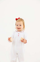 Load image into Gallery viewer, The Beaufort Bonnet Company’s Britt Romper in Richmond Red/Holly wraps your little one in festive charm. Soft white fabric, delicate red buttons, and embroidered holly details create an irresistible holiday look that’s cozy, comfortable, and picture-perfect for Christmas celebrations!
