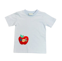 Load image into Gallery viewer, Dress your little one in Zuccini Kid’s ABC Light Blue Harry’s Play Tee, where playful apple appliqués meet soft, breathable fabric. Perfectly paired with Covington Green Knit Leo Shorts, this vibrant outfit inspires confidence and joy—ideal for the first day or any day of school!
